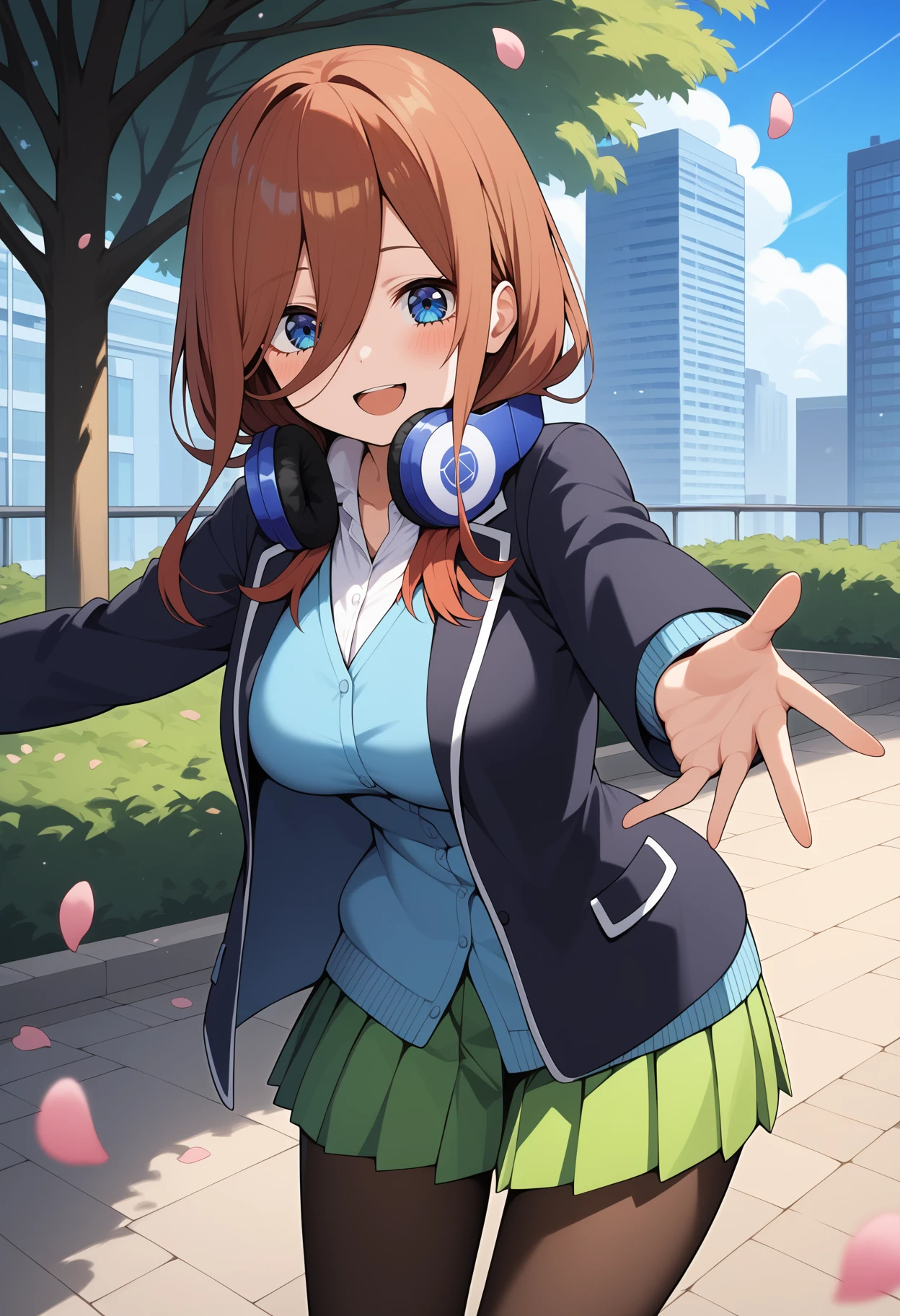 score_9, score_8_up, score_7_up, score_6_up, score_5_up, score_4_up, source_anime, aamiku, long hair, brown hair, blue eyes, headphones, headphones around neck, breasts, white shirt, light blue cardigan, blazer, black jacket, open jacket, long sleeves, pleated skirt, green skirt, black pantyhose, <lora:nakano_miku_ponyxl_v1:0.9>, standing, cowboy shot, outdoors, park, city, petals, smile, open mouth, reaching, leaning forward,