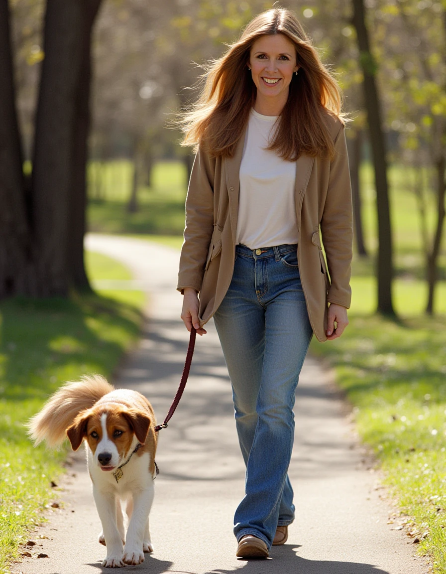 Carrie Fisher with long hair walking her dog through a park on a sunny day, wearing jeans and a simple jacket. With a carefree laugh, she enjoys the fresh air and the playful energy of her furry companion.