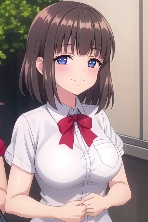 ((masterpiece)),(best quality),official art,extremely delicate and beautiful,extremely detailed CG,unity 8k wallpaper,ultra detailed,beautiful detailed eyes,extremely detailed face,outdoors,1girl,solo,upper body,(portrait:1.5),looking at viewer,facing viewer,smile,Toko Saionji,medium hair,brown hair,shiny hair,bob cut,sidelocks,blunt bangs,blue eyes,school uniform,red bowtie,white shirt,collared shirt,dress shirt,pocket,large breasts,skindentation,short sleeves,miniskirt,green skirt,pleated skirt,plaid skirt,black socks,loafers,<lora:Toko Saionji(hc):1.5>,