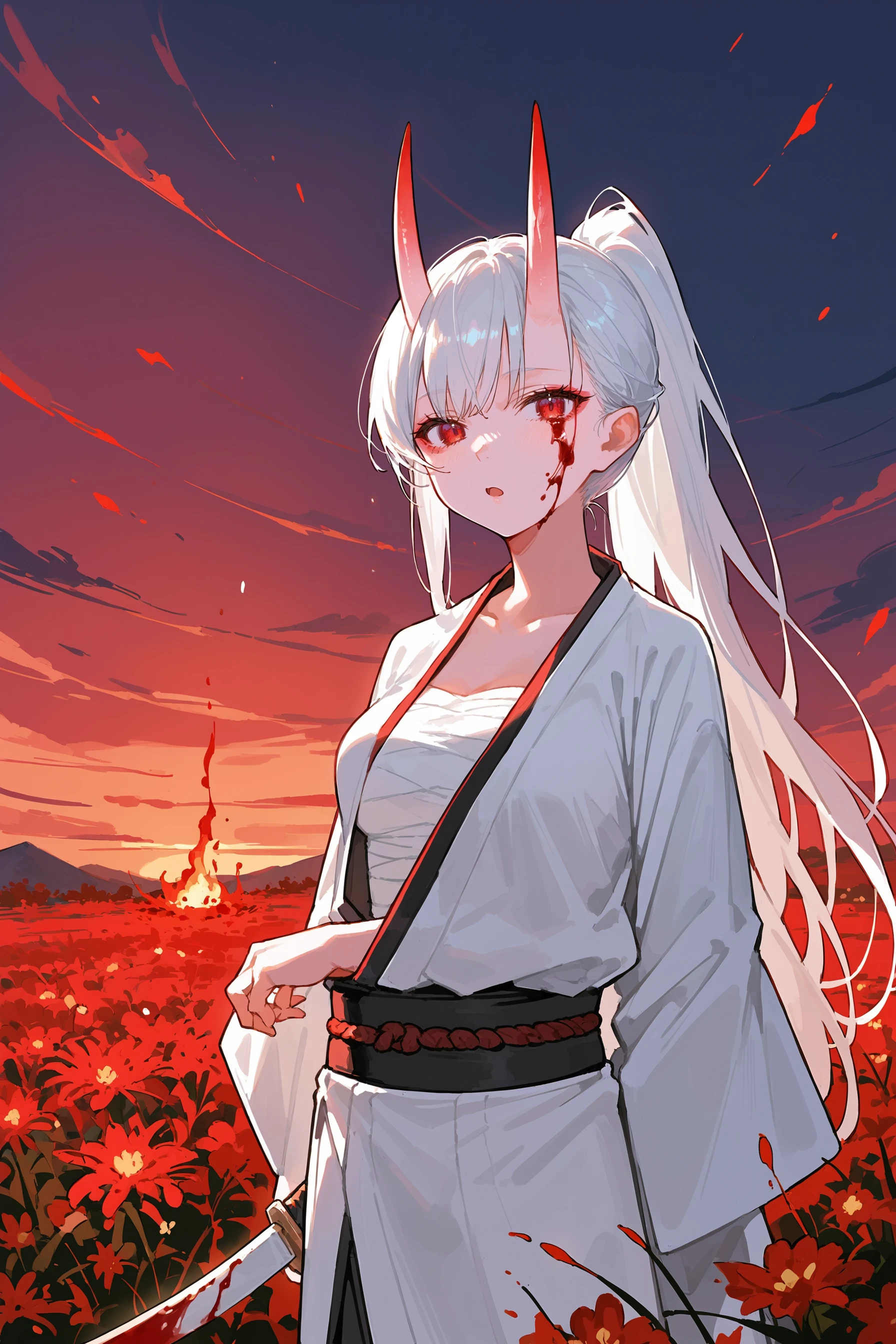 (score_9, score_8_up, score_7_up) BREAK source_anime,1girl,solo,red eyes,white hair,long hair,ponytail,oni horns,japanese clothes,(arm inside kimono:1.2),weapon,sword,sheath,medium breasts,chest sarashi,white kimono,blood,blood on clothes,blood on face,expressionless,open mouth,looking at viewer,cowboy shot,outdoors,sunset,flower field,fire,mountainous horizon,<lora:c_kimono_32dim_v1:1>,