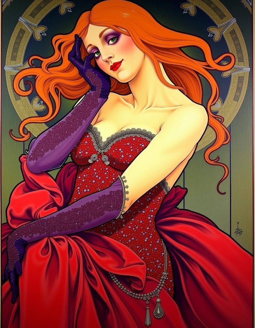 <lora:Alphonse Mucha_epoch_8:1>, mucha_style, a painting by Alphonse Mucha depicting a woman wearing a long sparkling red strapless gown and long purple gloves, she has green eyes and long orange hair that falls over her face to cover one eye seductively, she wears purple eyeshadow and red lipstick