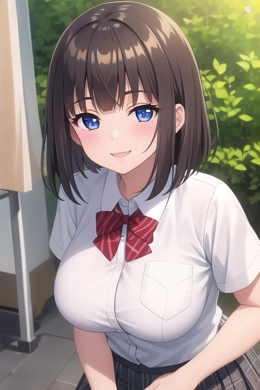 ((masterpiece)),(best quality),official art,extremely delicate and beautiful,extremely detailed CG,unity 8k wallpaper,ultra detailed,beautiful detailed eyes,extremely detailed face,outdoors,1girl,solo,upper body,(portrait:1.5),looking at viewer,facing viewer,smile,Toko Saionji,medium hair,brown hair,shiny hair,bob cut,sidelocks,blunt bangs,blue eyes,school uniform,red bowtie,white shirt,collared shirt,dress shirt,pocket,large breasts,skindentation,short sleeves,miniskirt,green skirt,pleated skirt,plaid skirt,black socks,loafers,<lora:Toko Saionji(hc)>,