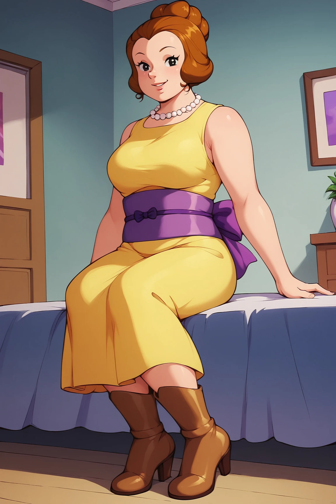 score_9, score_8_up, score_7_up, score_6_up, BREAK, KMammiMMXL, black eyes, brown hair, short hair, single hair bun, pearl necklace, medium breasts, mature female, yellow dress, sleeveless, purple sash, yellow skirt, brown boots, high heels, solo, full body, sitting, bellow view, seductive smile, looking at viewer, indoors <lora:KMammiMMXL:1>