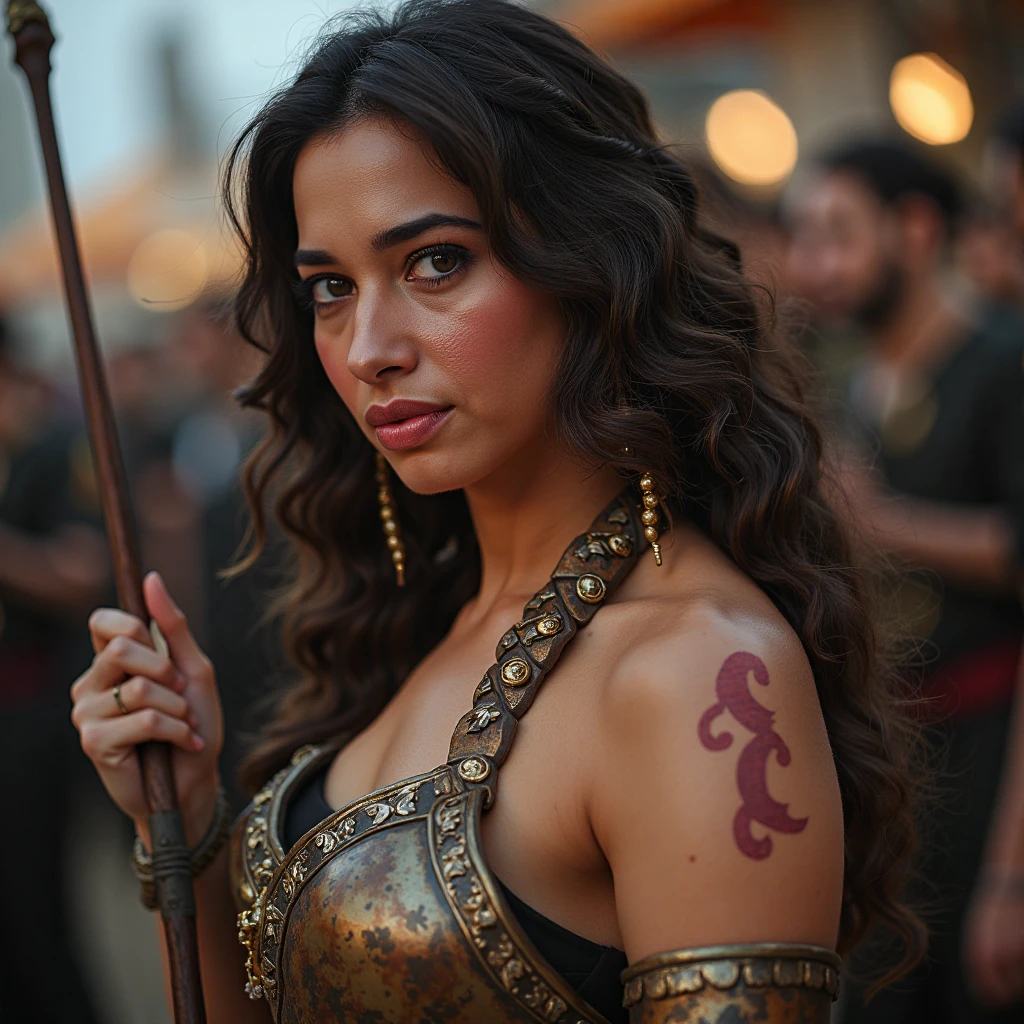 tamannaah, looking at the viewer, She's in the foreground looking like a true warrior with marks on her body. She's wearing heavy princess armor.