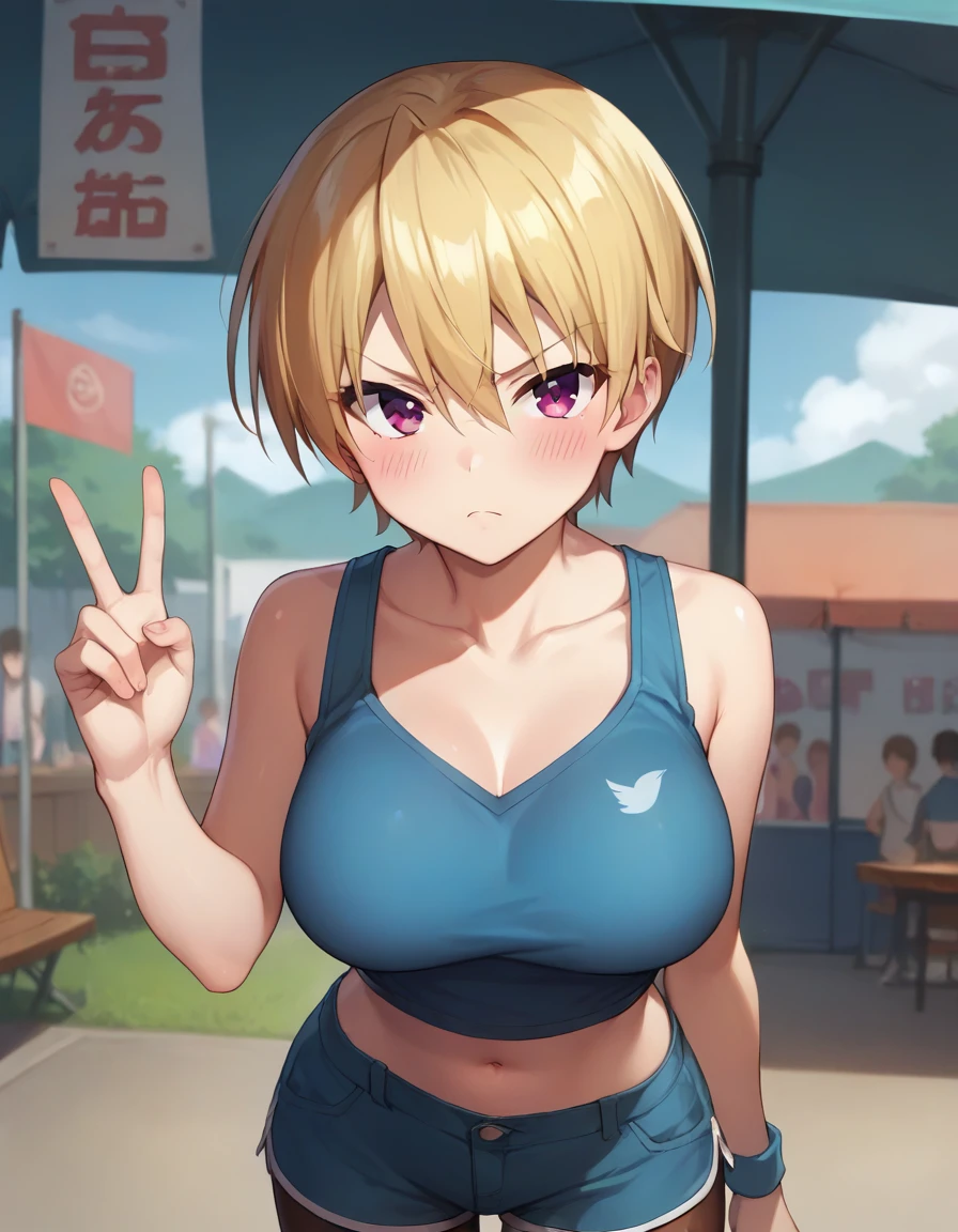 score_9,score_8_up,score_7_up,score_6_up BREAK official art,solo,outdoors,upper body,(portrait:1.5),looking at viewer,facing viewer,frown,v-shaped eyebrows,blush,Haruki Azuma,short hair,blonde hair,shiny hair,hair between eyes,bangs,purple eyes,bare shoulders,collarbone,blue tank top,navel,large breasts,denim shorts,short shorts,brown pantyhose,legwear under shorts,sneakers,<lora:Haruki Azuma(hc)-Pony:1.4>,<lora:Smooth Anime Style LoRA XL:0.8>,