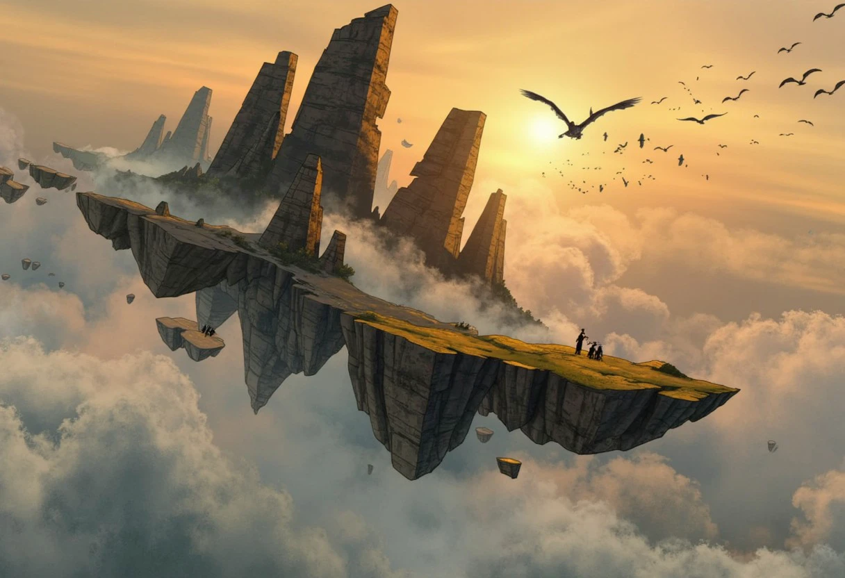 dragon hunters, epic floating rock formations, flocks of birds, god rays, sunrise, fog