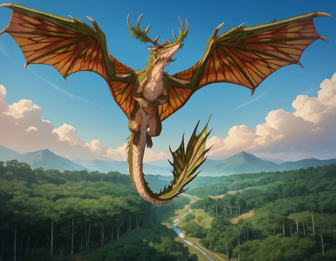 score_9, score_8_up, score_7_up, 2d,
TrueDragon, green scales, antlers, dragon wings, nature, flying, sky, clouds,
<lora:True_Dragon_PonyXL:0.8>