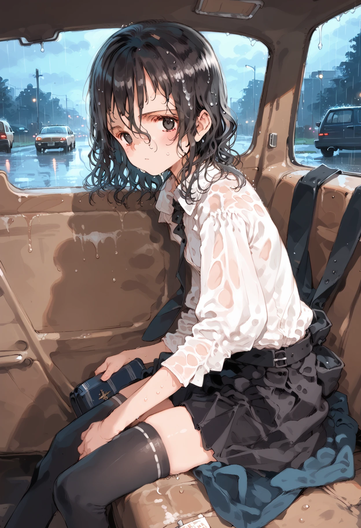 score_9,score_8_up,score_7_up,source_anime,(masterpiece:1.2),best quality,very aesthetic,absurdres,1girl,
<lora:thouka_p_v1.1:1>,thouka,black hair,black eyes,hair between eyes,white blouse,black tie,navy blue pencil skirt,black_thighhighs,loafers,<lora:Fixhands_anime_bdsqlsz_V1:1>,
light_blush,blush,embarrass,looking_at_viewer,inside the car,in the car on a rainy day,night,rain,(wet,wet skin,sweaty,soggy,wet hair:1.3),sitting,car interior,detailed car interior,from_outside,profile,