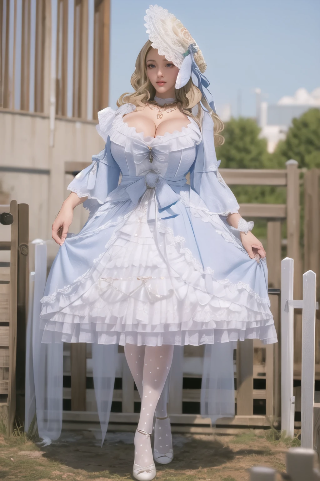 (masterpiece, best quality:1.2),illustration,8k,hd,huge filesize,lens flare,1 girl,very long hair,solo,extremely detailed eyes and face,standing,(blonde hair:1.1),whdbd,white dress,jewelry,necklace,bonnet,long sleeves,bow,lace trim,lace,frills,pantyhose,huge breasts,bouncing breasts,(outdoors:1.8),extremely detailed dress,crystalstexture skin,cleavage,areola,nipples,