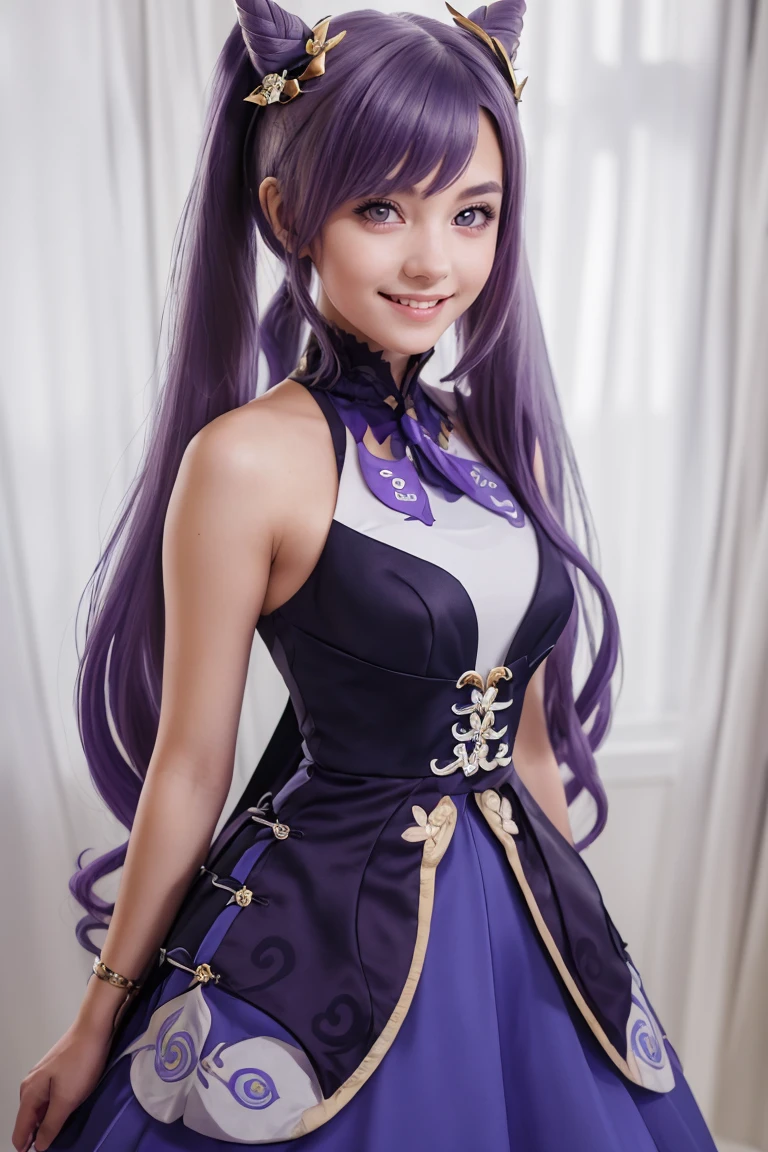 (masterpiece, best quality:1.2), solo, beautiful eyes, <lora:Keqing_Genshin:0.8>,  Keqing_Genshin, 1girl, solo, long hair, twintails, very long hair, purple hair, cone hair bun, purple eyes, keqing \(genshin impact\),  hair ornament, purple dress, smile, looking at viewer, upper body,