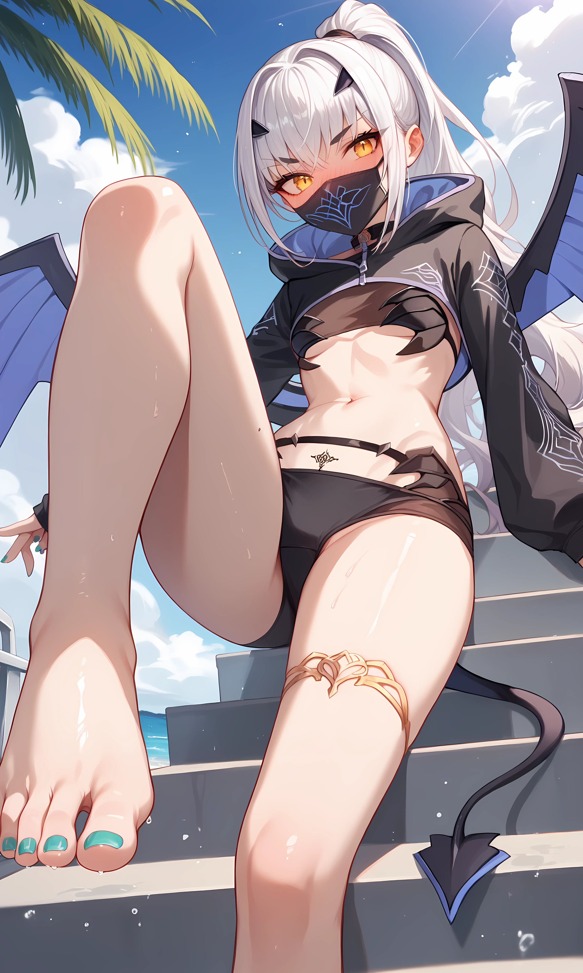 score_9, score_8_up, score_7_up, BREAK source_anime, 1girl, solo, outdoors, beach, cowboy shot, sitting, on stairs, looking at viewer, shiny skin, melusine, yellow eyes, white hair, long hair, high ponytail, sidelocks, hair ornament, forked eyebrows, black hoodie, long sleeves, dragon wings, tail, shrug \(clothing\), cropped jacket, black bikini, swimsuit, mouth mask, pubic tattoo, thighlet, belly chain, jewelry, foot focus, from below, wet, nose blush, nail polish, toes, standing on one leg