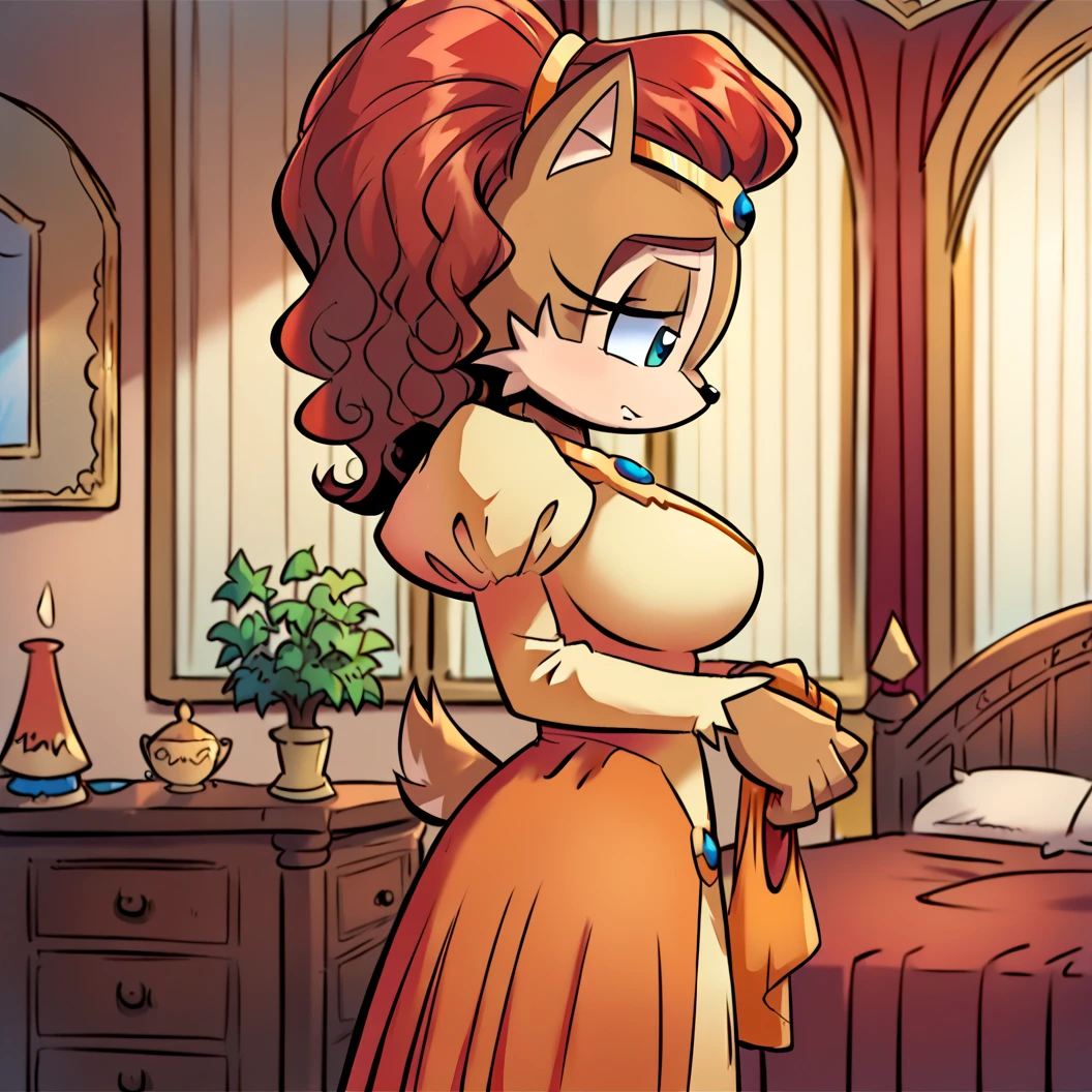 score_9, score_8_up, score_7_up, score_6_up, score_5_up, score_4_up,  <lora:Alicia_Acorn_r1:1>, aliciaacorn, 1girl, solo, breasts,  brown hair, long sleeves, dress, indoors, bedroom,  animal ears, standing, tail, ponytail, puffy sleeves, from side, looking down, tiara, large breasts, juliet sleeves, furry, holding clothes, yellow dress, animal nose, orange dress, princess, body fur, brown fur, two tone fur, red hair, blue eyes, furry female