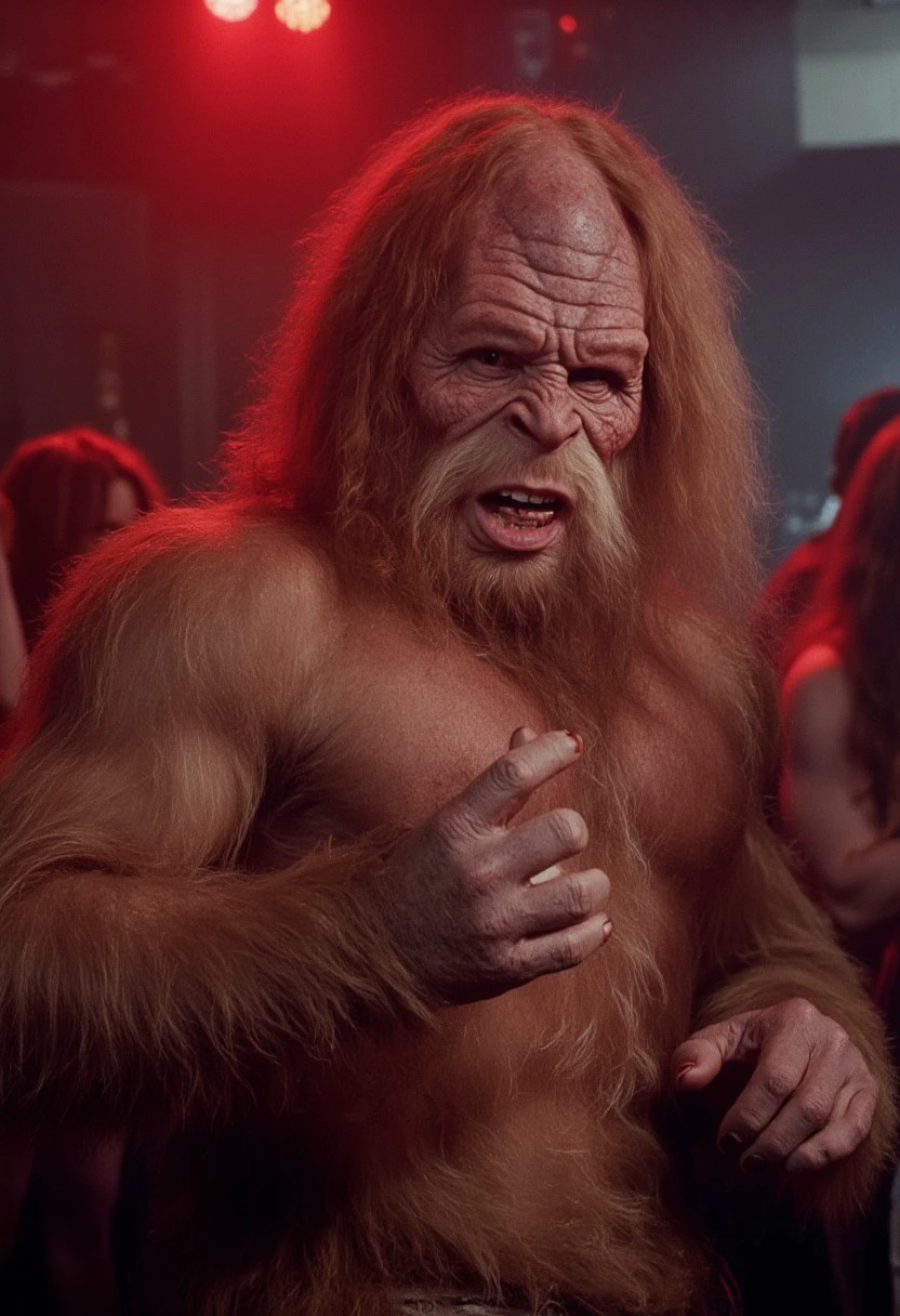 vntgfnts style, a muscular bigsquatch is dancing in a nightclub, studio 54, in 1975, he is looking directly at the viewer with a slight smirk. low quality 1980 movie screengrab, cinematic, film grain, blurry