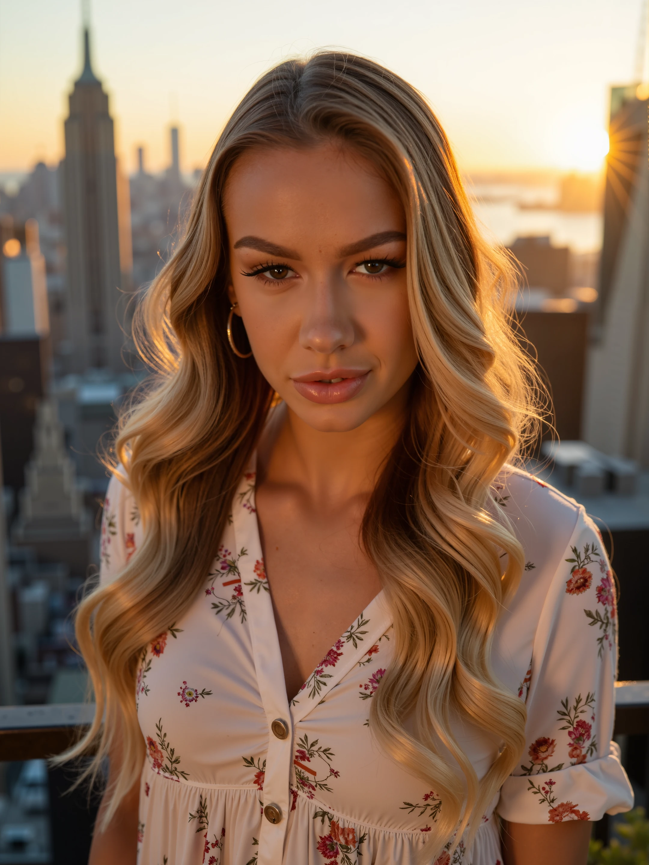 the image shows a closeup portrait of a beautiful young woman.
The woman is looking at the viewer with her beautiful and detailed eyes. She is wearing a white floral button up blouse. She has long blonde hair.
The photo is taken on a balcony with a stunning view of Manhattan. The photo is taken during golden hour with hard shadows.
RAW photography taken with a DSLR camera. Photorealistic style, cinematic