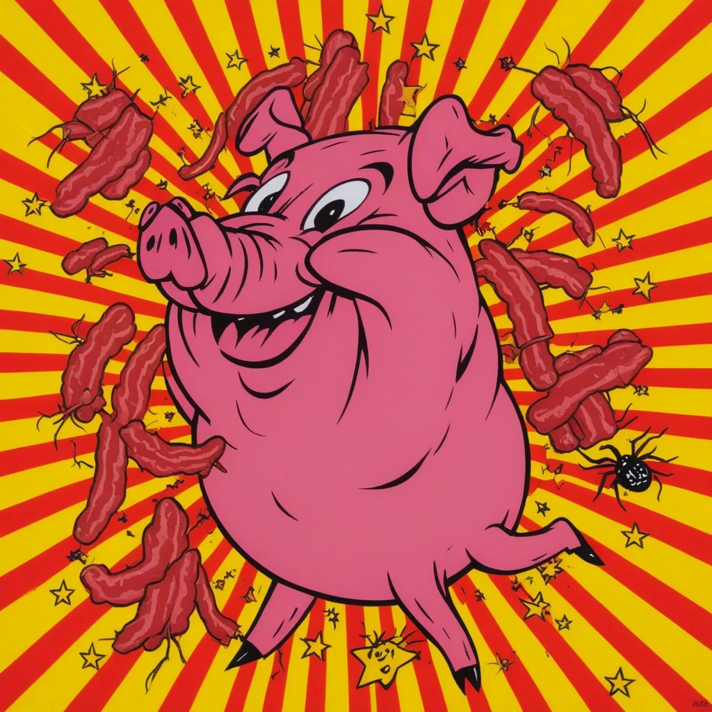 Happy pig, bacon pieces, sausage links, ham, sunburst background, spiders in background, stars, action, yellow, red, in the style of Frank Kozik