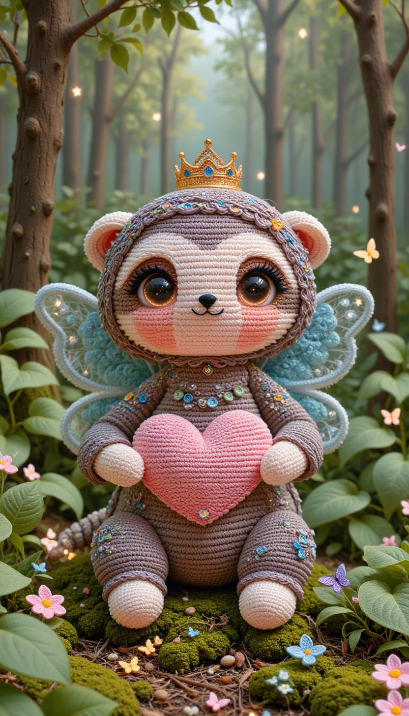 cr0ch3tcut3styl3, crocheted,a cute sloth wearing a crown and transparent fairy wings holding a heart, sitting in a garden
