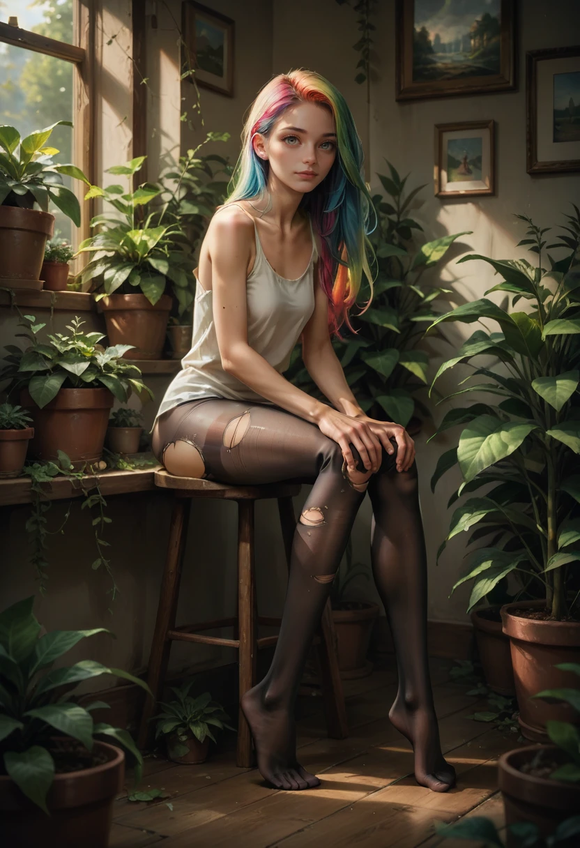 score_9, score_8_up, score_7_up, score_6_up, source_anime, masterpiece, newest,
Highly detailed, 1girl, slender, innocent, sitting, arms at sides, long hair, opaque pantyhose, no shoes, colorful hair, multicolored hair,  casual clothes, realistic, long legs, potted plants, ripped pantyhose