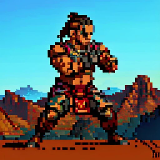 Realistic Pixel of Reiko from Mortal Kombat,muscular, pauldrons, war paint, shaved, ponytail, tanned skin, blue eyes, full-body,  Battle stance