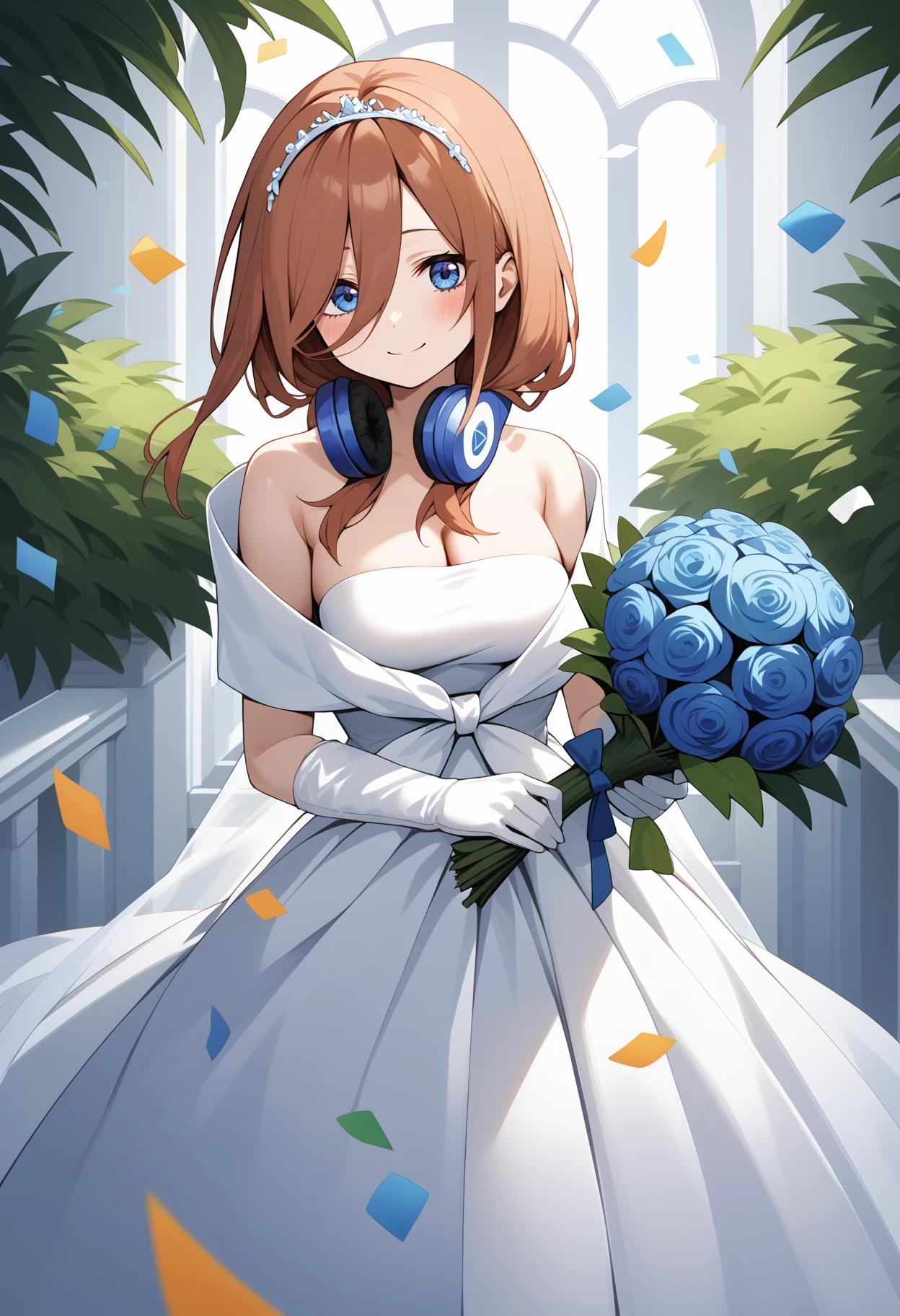 score_9, score_8_up, score_7_up, score_6_up, score_5_up, score_4_up, source_anime, aamiku, long hair, brown hair, tiara, blue eyes, headphones, headphones around neck, breasts, off shoulder, cleavage, wedding dress, white dress, elbow gloves, white gloves, <lora:nakano_miku_ponyxl_v1:0.9>, garden, smile, holding bouquet, day, confetti, cowboy shot, standing,