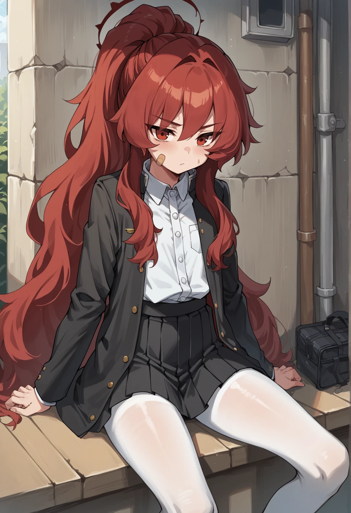 1girl, halo, bandaid on cheek, ponytail, absurdly long hair, red hair, messy hair, sidelocks, red eyes, school uniform, white shirt, black jacket, black skirt, white pantyhose, sitting, holding danggo, outdoors <lora:ashiharatsumori_koito_project_KV:1>, score_9, score_8_up, score_7_up, score_6_up, score_5_up, score_4_up, BREAK source_anime, masterpiece