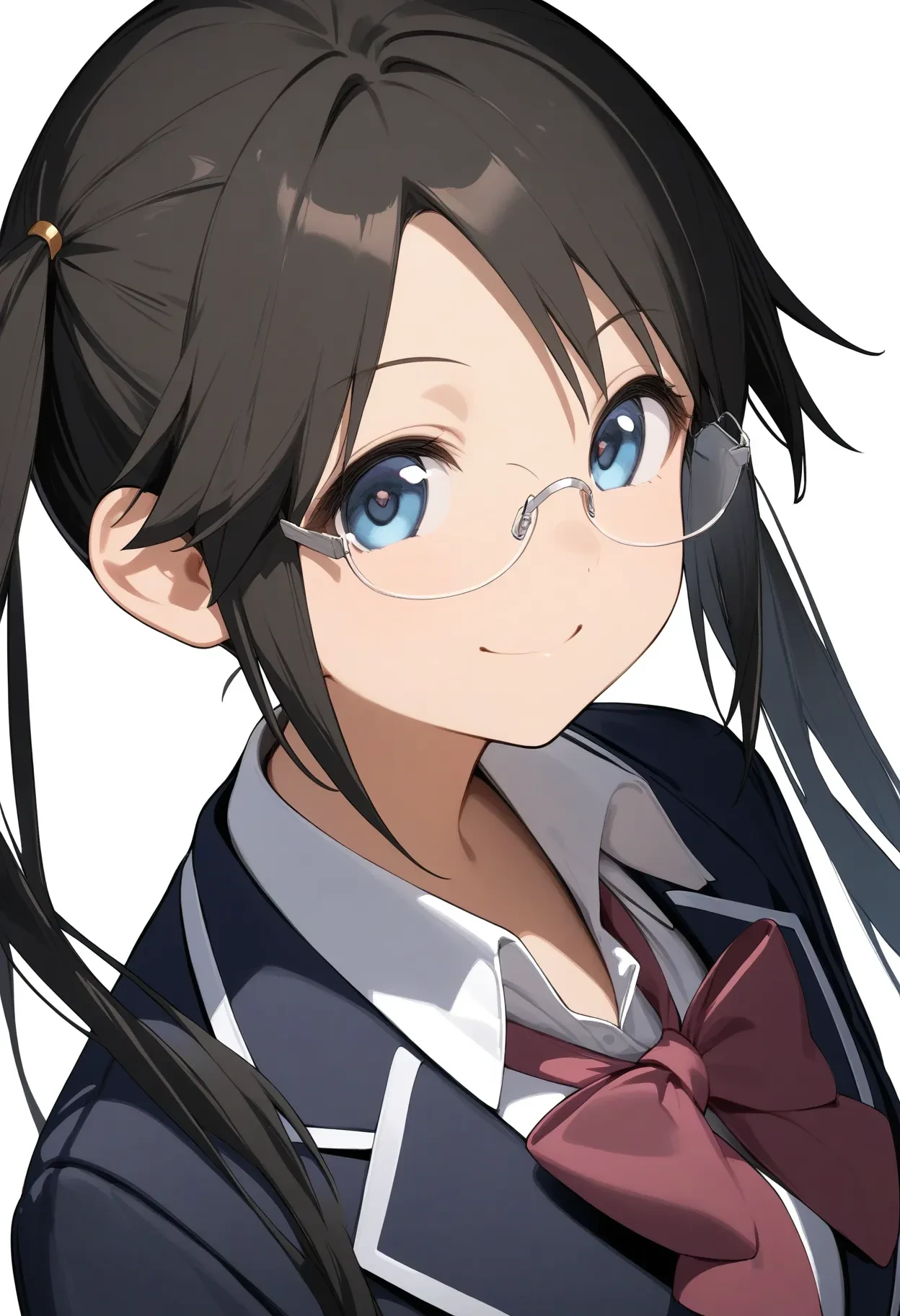 y_mitsumine,
1girl, black hair, blazer, blue eyes, bow, bowtie, jacket, looking at viewer, loose bowtie, pleated skirt, rimless eyewear, school uniform, simple background, upper body, smile, solo, twintails, white background,
masterpiece, best quality, very aesthetic, absurdres
<lora:y_mitsumineXL_animagine:1>