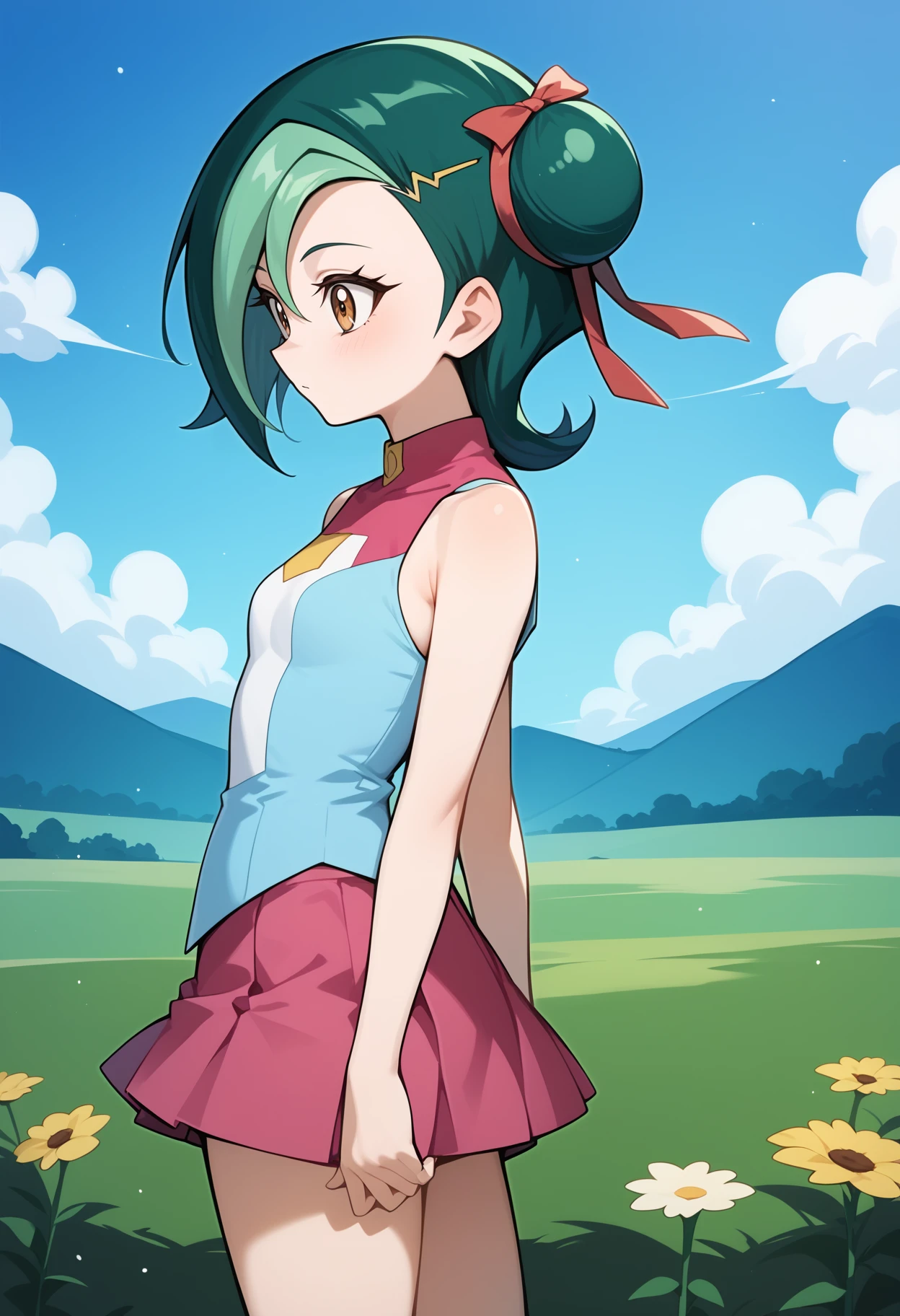 score_9, score_8_up, score_7_up, score_6_up, score_5_up, score_4_up, source_anime, aakotori, short hair, multicolored hair, green hair, single hair bun, hair ribbon, brown eyes, small breasts, bare shoulders, sleeveless shirt, multicolored shirt, blue shirt, pink skirt, <lora:mizuki_kotori_(yu-gi-oh!)_ponyxl_v1:0.9>, from side, field, standing, cowboy shot,