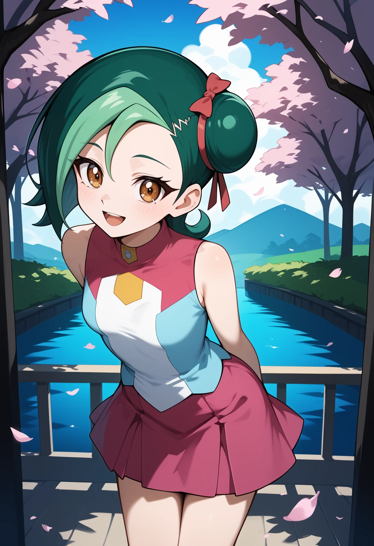 score_9, score_8_up, score_7_up, score_6_up, score_5_up, score_4_up, source_anime, aakotori, short hair, multicolored hair, green hair, single hair bun, hair ribbon, brown eyes, small breasts, bare shoulders, sleeveless shirt, multicolored shirt, blue shirt, pink skirt, <lora:mizuki_kotori_(yu-gi-oh!)_ponyxl_v1:0.9>, arms behind back, leaning forward, standing, outdoors, open mouth, cherry blossoms, smile,