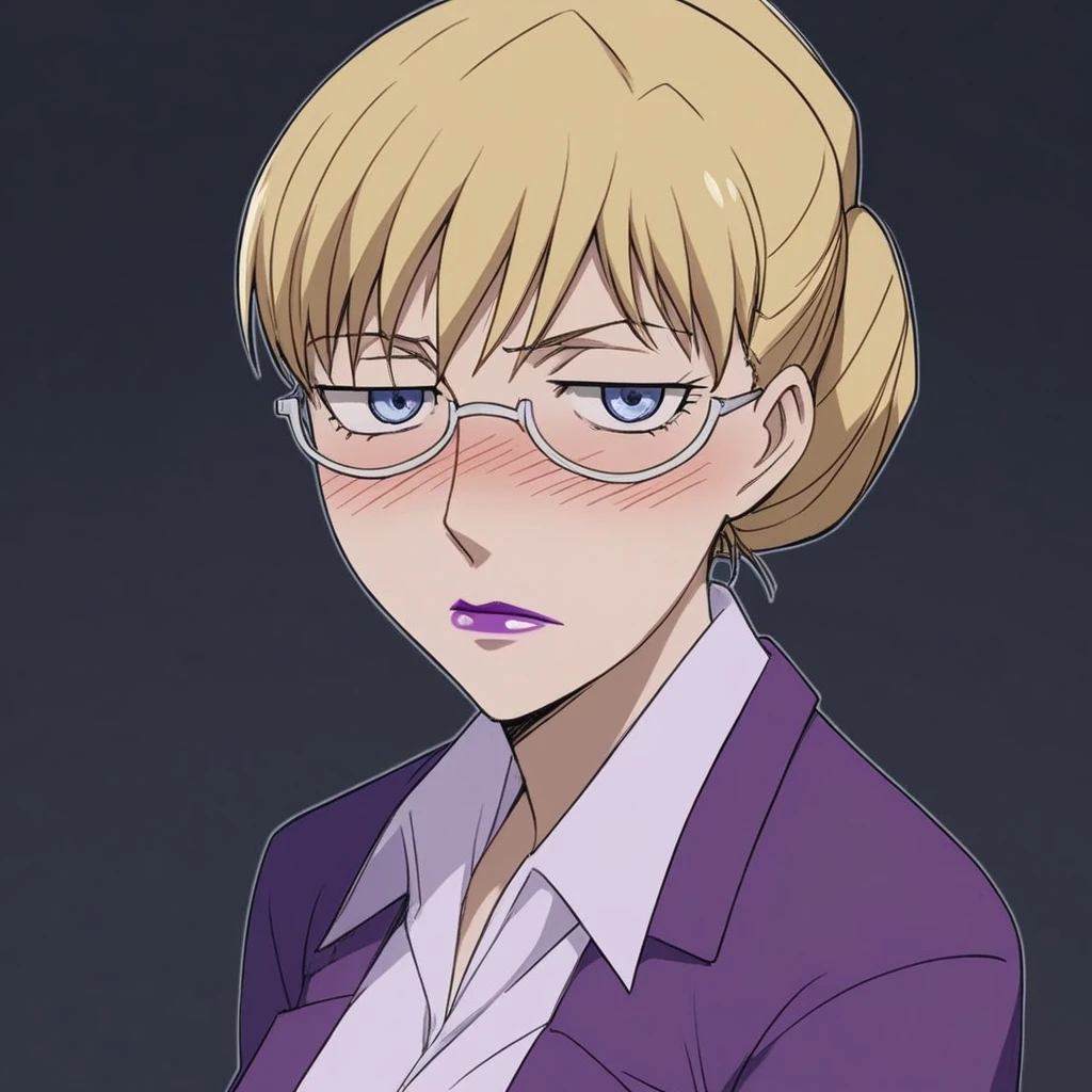 score_9, score_8_up, score_7_up, source_anime, expressive, anime, Artist speedlines, dynamic, D4RK3RTH4NBL4CK, BR1T4, 1woman, (brita_(darker_than_black):1.2), blonde_hair, blue eyes, purple_lips, glasses, business_attire, serious_expression, anime_girl, purple_jacket, white_shirt, tied_hair, female, looking at viewer, facing viewer, bare_legs, high_heels, blush, blushing, embarrassed, dark background, Artist style:komori_takahiro