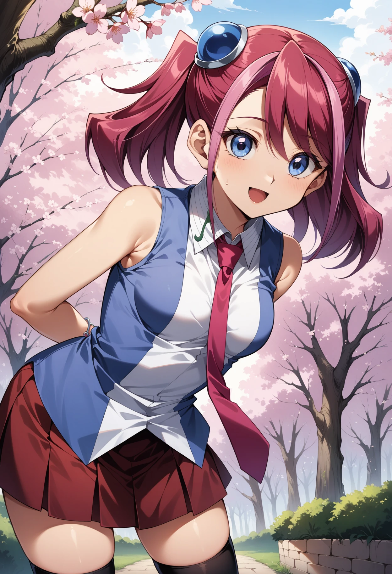 (masterpiece, best quality, very aesthetic, ultra detailed), intricate details, 4k, aayuzu, multicolored hair, pink hair, short twintails, hair ornament, blue eyes, small breasts, school uniform, pink necktie, sleeveless shirt, multicolored shirt, bracelet, pleated skirt, red skirt, thighhighs, <lora:hiiragi_yuzu_animagine_v1:0.9>, arms behind back, leaning forward, standing, cowboy shot, outdoors, open mouth, cherry blossoms, smile, bent over,