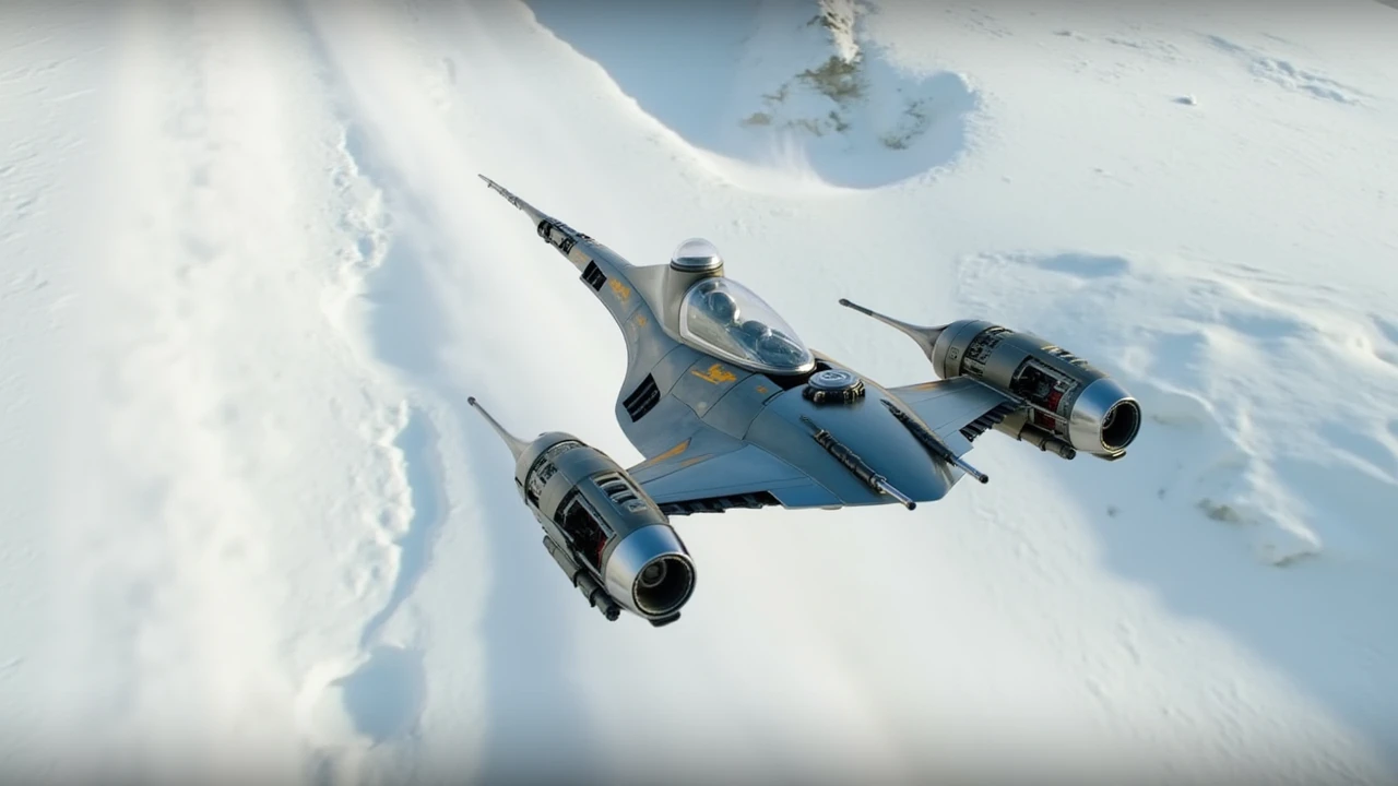 a Photo of a N1 Starfighter,flying over a icy desert, smoke trail,mandalorian pilot,Star Wars,Lucasfilm,beautiful Composition,sharp focus,dramatic camera angle, <lora:N1_Starfighter:1>