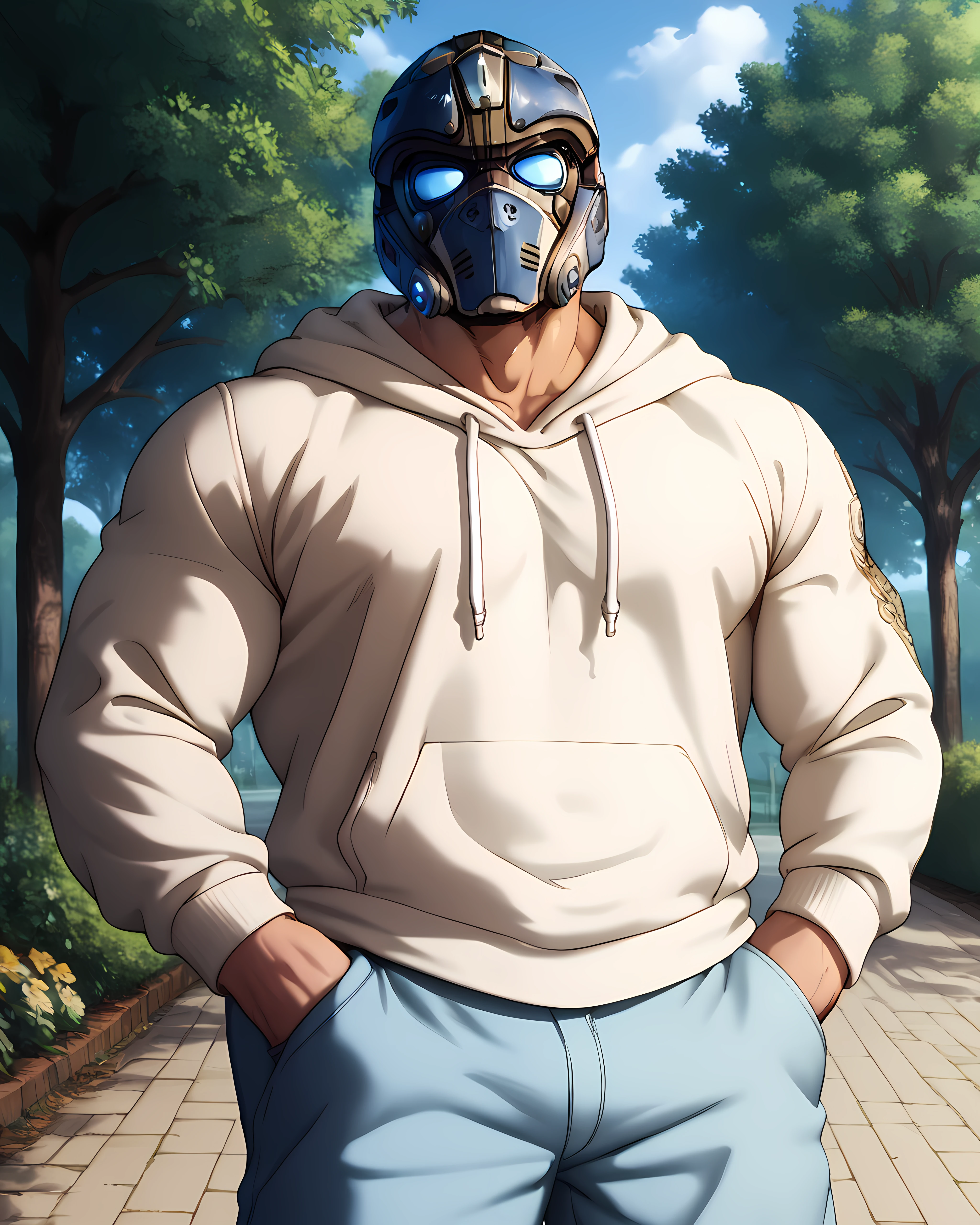 clayton_carmine, looking at viewer, hoodie, helmet, muscular, bara, outdoor, park, trees, standing, looking at viewer, long pants, hands in pocket <lora:Clayton_Carmine_PonyXL-10:0.9>, score_9, score_8_up, score_7_up, score_6_up,