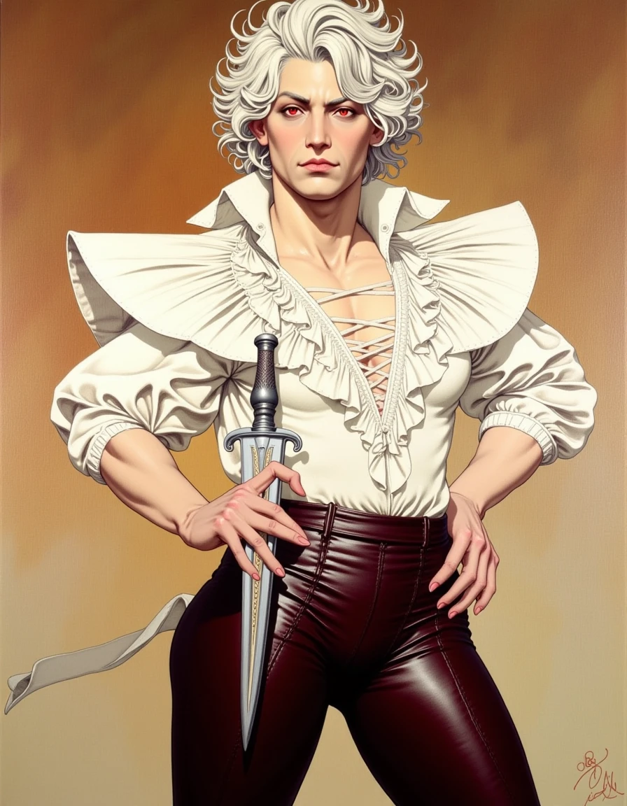 <lora:Alphonse Mucha_epoch_8:1>, <lora:Astarion_Baldurs_Gate_3-000011:1>, mucha_style, a painting by Alphonse Mucha depicting BG3_Astarion, white hair, red eyes, white ruffled shirt, leather pants, holding a dagger