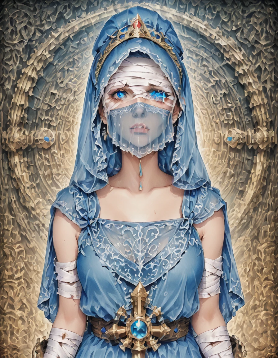 <lora:DecorativeStyle_FORPONY:1>destyle, (Tzeentch:1.2) cultist, scarred, covered face, veil, blue robes, tattered clothes, bandages, warhammer fantasy, holding a staff, warlock