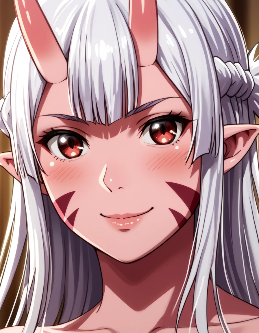 score_9, score_8_up, score_7_up, score_6_up, score_5_up, score_4_up, source_anime  <lora:PeterGrillPhilosophersTime:1>, soft smile, portrait Lisa, pointy ears, demon girl, red eyes, facial mark, colored skin, white hair, braid, oni, very long hair, pink skin, tail,