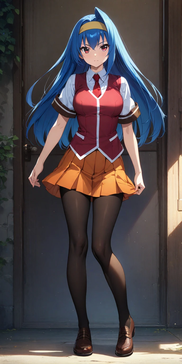 (masterpiece),(best quality),(ultra-detailed),(best illustration),(best shadow),(absurdres),(detailed background),(very aesthetic),
saki_tsuzura, blue hair, long hair, red eyes, yellow hairband, medium breasts, white shirt, red vest, red necktie, orange skirt, pleated skirt, black pantyhose, brown shoes, full body, from the front view, anime coloring
<lora:XL-SakiTsuzura:1>