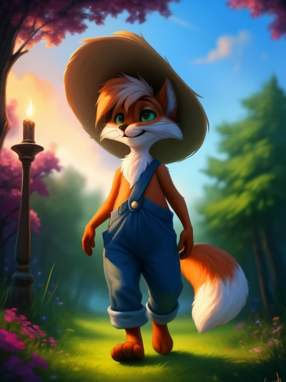 <lora:FoxHucFinDom:1>  FoxHucFin, fox, red fur, green eyes,  white sclera, blue pants with suspenders, no shirt, straw hat,
Looks at the viewer,  (walking, smile)
[ large window, day, (nature), forest, grass, day shining, clouds, flowers,  candles,](solo focus),
(beautiful, aesthetic, perfect, delicate, intricate, saturated colors), masterpiece, digital drawing, best quality,
by ulitochka, by taran fiddler, by Silverfox5213, by personalami,