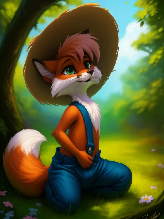 <lora:FoxHucFinDom:1>  FoxHucFin, fox, red fur, green eyes,  white sclera, blue pants with suspenders, no shirt, straw hat,
Looks at the viewer,  ((cowgirl position,))
[ large window, day, (nature), forest, grass, day shining, clouds, flowers,  candles,](solo focus),
(beautiful, aesthetic, perfect, delicate, intricate, saturated colors), masterpiece, digital drawing, best quality,
by ulitochka, by taran fiddler, by Silverfox5213, by personalami,