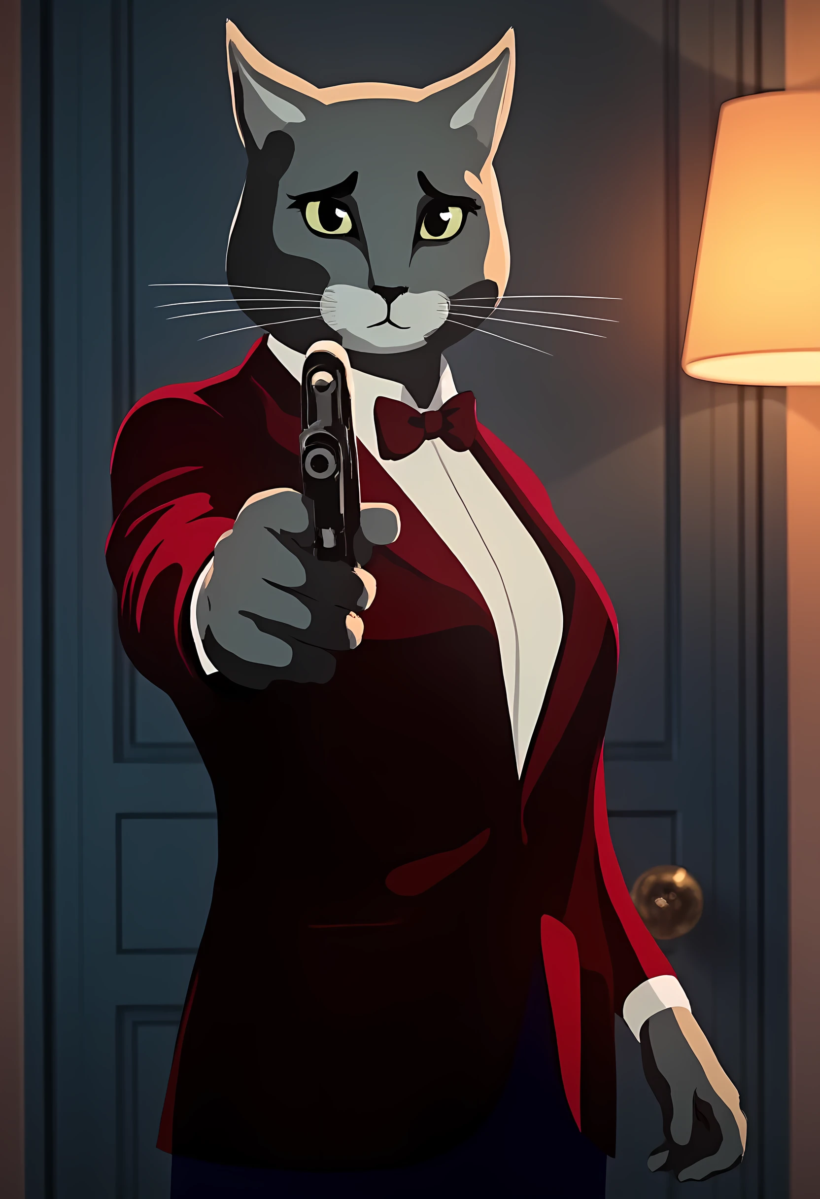 lonediggerstyle, a cat aiming a pistol at the viewer