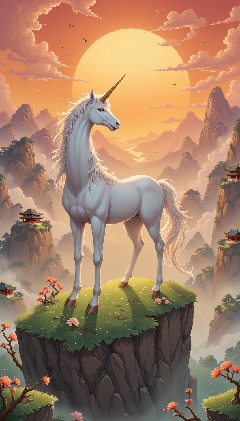 p1nkch1n3s3styl3,A majestic Qilin (Chinese unicorn) emerging from a misty mountain range at sunrise