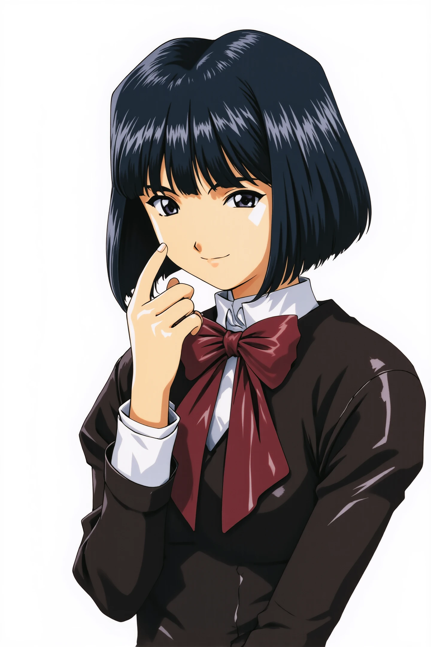 Kitaoji Hanabi,1girl,solo,short hair,black hair,upper body,bob cut,bow,bangs,black eyes,simple background,retro artstyle,1990s (style),blunt bangs,bowtie,looking at viewer,smile,long sleeves,white background,closed mouth,black clothes,hand on own face,
<lora:Sakura Wars_FLUX:1.3>,