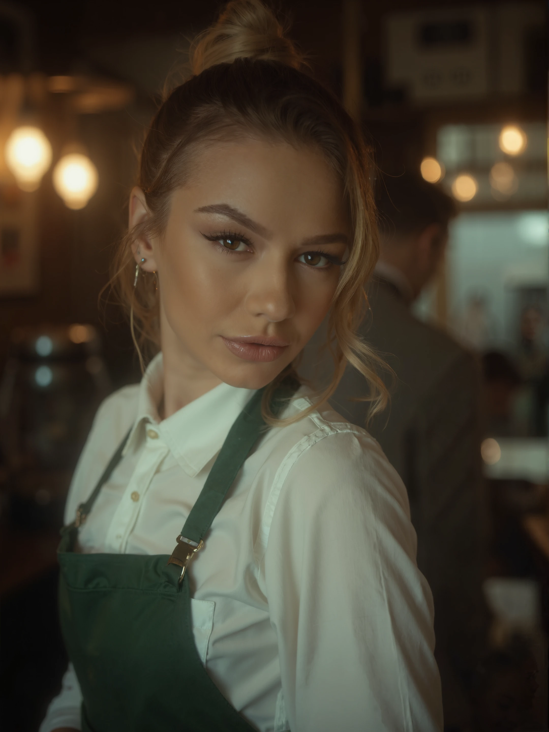 the image shows a closeup portrait of a beautiful woman as a barista smiling at the viewer.
The woman is looking at the viewer with a  gaze. She is wearing a white button up blouse and a green apron. She has blonde hair in a tight updo.
The photo is taken in a cozy cafe. It is dark and moody inside the cafe. The image is taken with an analog camera giving the composition a vintage look.