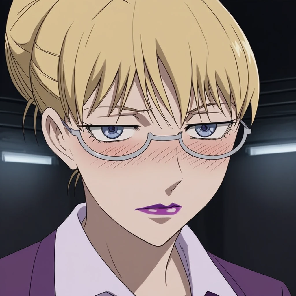 score_9, score_8_up, score_7_up, source_anime, expressive, anime, Artist speedlines, dynamic, D4RK3RTH4NBL4CK, BR1T4, 1woman, (brita_(darker_than_black):1.2), blonde_hair, blue eyes, purple_lips, glasses, business_attire, serious_expression, anime_girl, purple_jacket, white_shirt, tied_hair, female, looking at viewer, facing viewer, bare_legs, high_heels, blush, blushing, embarrassed, dark background, Artist style:komori_takahiro