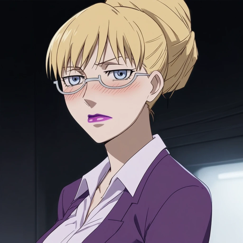 score_9, score_8_up, score_7_up, source_anime, expressive, anime, Artist speedlines, dynamic, D4RK3RTH4NBL4CK, BR1T4, 1woman, (brita_(darker_than_black):1.2), blonde_hair, blue eyes, purple_lips, glasses, business_attire, serious_expression, anime_girl, purple_jacket, white_shirt, tied_hair, female, looking at viewer, facing viewer, bare_legs, high_heels, blush, blushing, embarrassed, dark background, Artist style:komori_takahiro