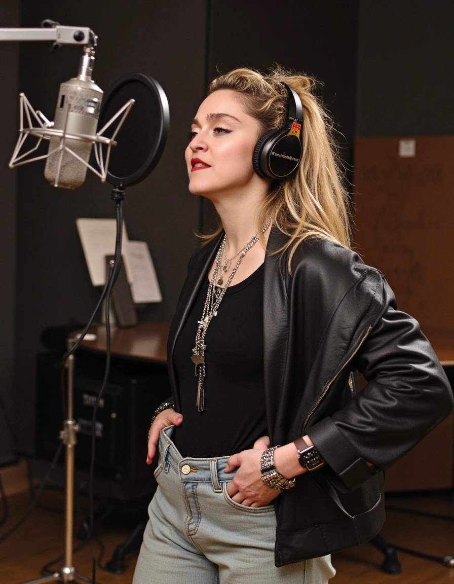 Madonna in a recording studio, wearing casual clothes and headphones, focused on perfecting her vocals. Her passion for music is evident in her intense concentration as she refines each note.