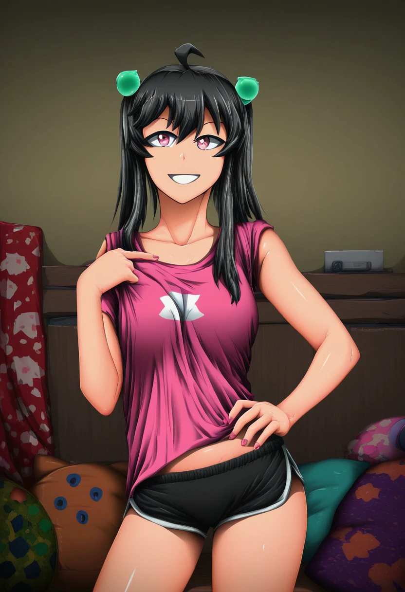 score_9, score_8_up, score_7_up,  detailed, detailed eyes, cartoon look, 
junajunajuice,  
black hair, pink eyes, 1 girl, 
shorts, 
solo, 
looking at viewer, 
holding shirt,  smiling, 
living room, messy room, hand on hips,