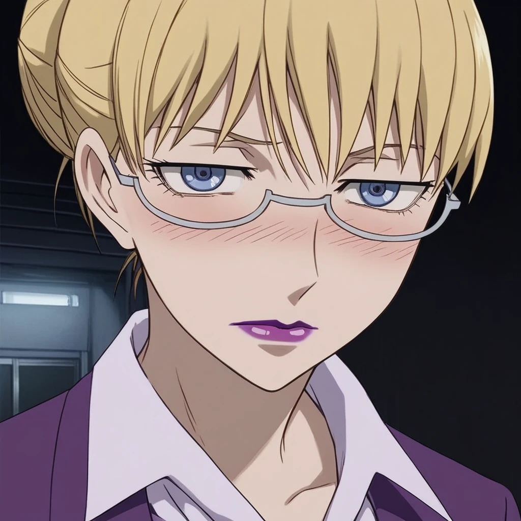 score_9, score_8_up, score_7_up, source_anime, expressive, anime, Artist speedlines, dynamic, D4RK3RTH4NBL4CK, BR1T4, 1woman, (brita_(darker_than_black):1.2), blonde_hair, blue eyes, purple_lips, glasses, business_attire, serious_expression, anime_girl, purple_jacket, white_shirt, tied_hair, female, looking at viewer, facing viewer, bare_legs, high_heels, blush, blushing, embarrassed, dark background, Artist style:komori_takahiro