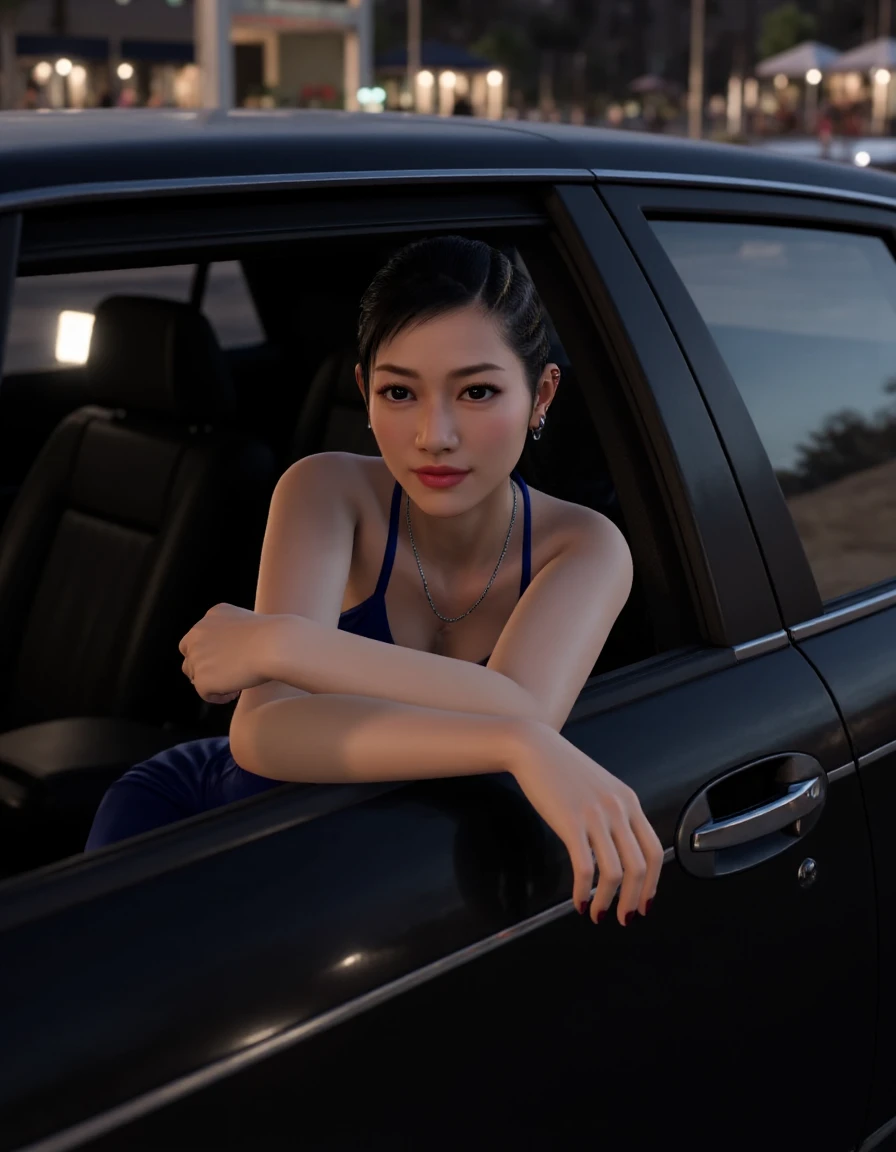 <lora:Chitose Fujinomiya_epoch_23:0.85> Video game screenshot. A stylish scene of Chitose Fujinomiya sitting as a passenger in the back of a sleek, black limousine with the window rolled down. The shot is taken from the outside, capturing her as she gazes out thoughtfully, her elbow resting on the window edge. She has slicked-back hair and wears blue dress and necklace. The reflection of city lights and street scenes can be seen in the limousine's glossy exterior, while her face is softly illuminated by the evening glow. Her expression is calm, hinting at a serene, reflective moment.