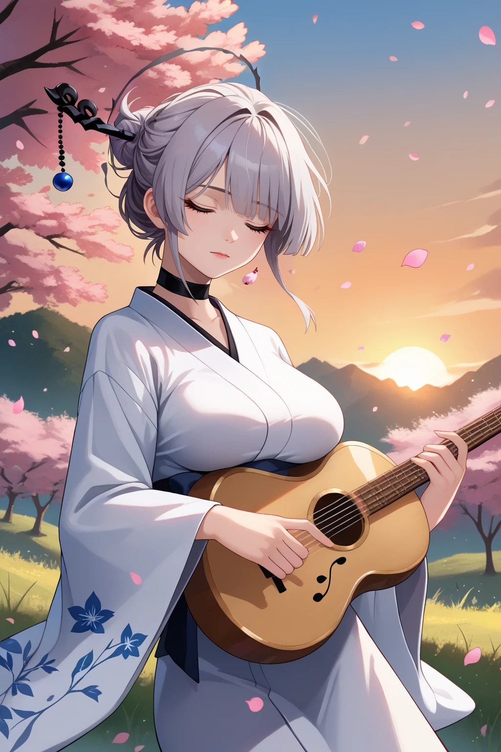 score_9, score_7_up, source_anime, cowboy shot, closed eyes, kvki, grey hair, grey eyes, grey halo, single hair bun, hair stick, large breasts, black choker, white kimono, wide sleeves, floral print, playing instrument, koto (instrument), outdoors, wind, falling petals, sunset, cherry blossoms, shamisen, <lora:Hoseki_ProjectKV_KaoruItokonoue_PDXL_v1:1>