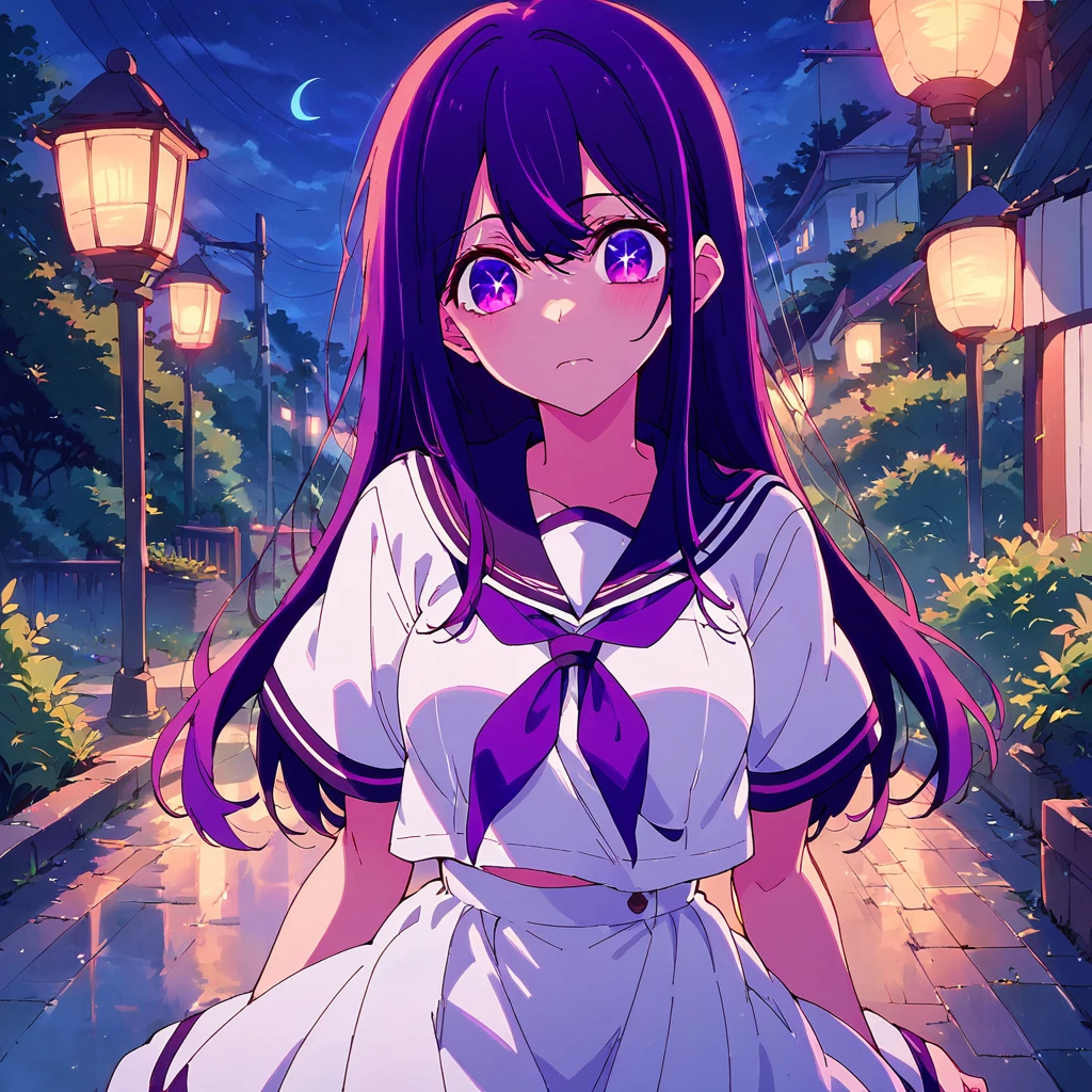 score_9, score_8_up, score_7_up, score_6_up,hoshinoai,purple_eyes, Sailor dress,night,white_dress, 