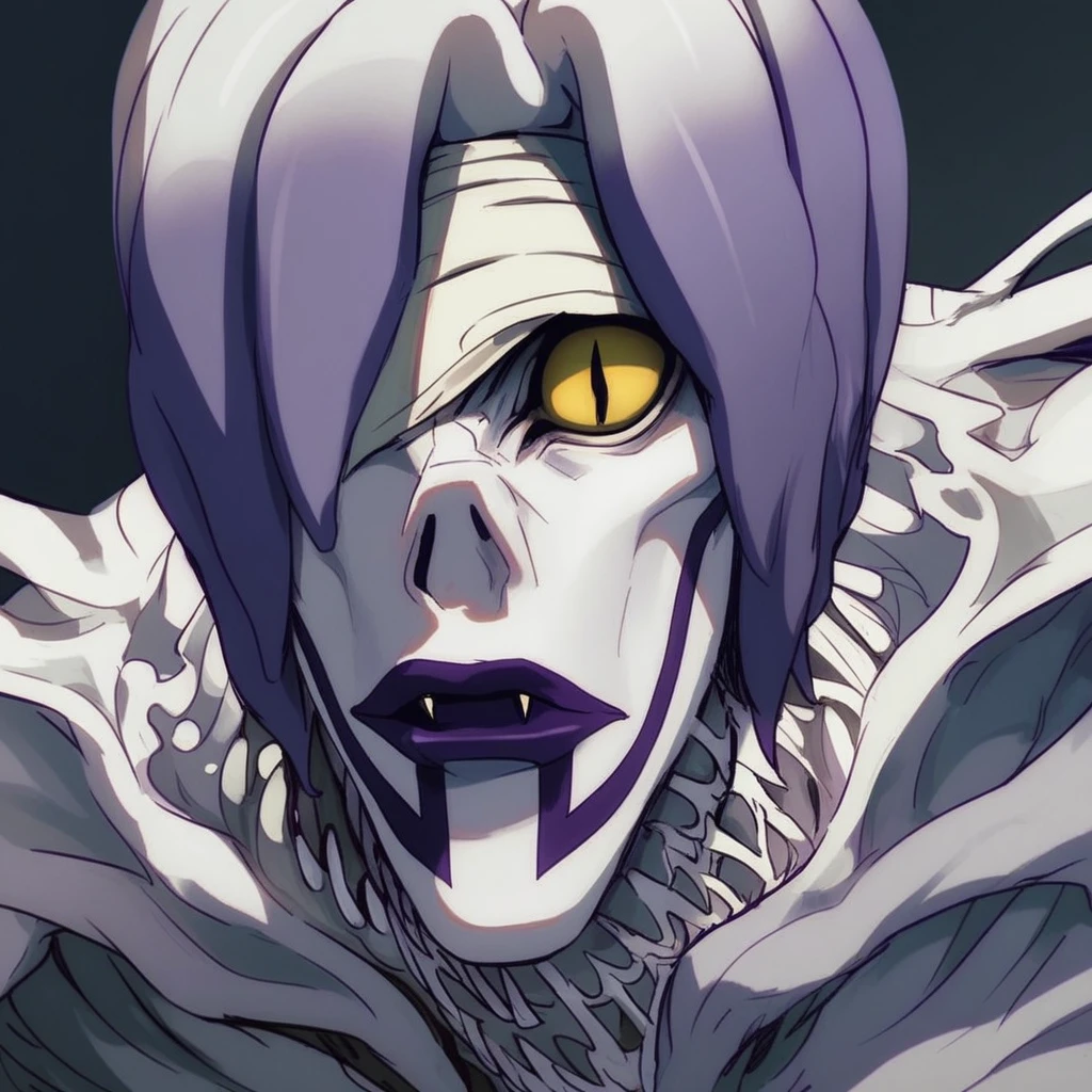 Rem, 1girl, solo, shinigami, monster girl, face tattoos, one eye, yellow eye, bandage over eye, purple lips, white hair, purple hair tips, skeletal, looking at viewer, score_9, score_8_up, score_7_up